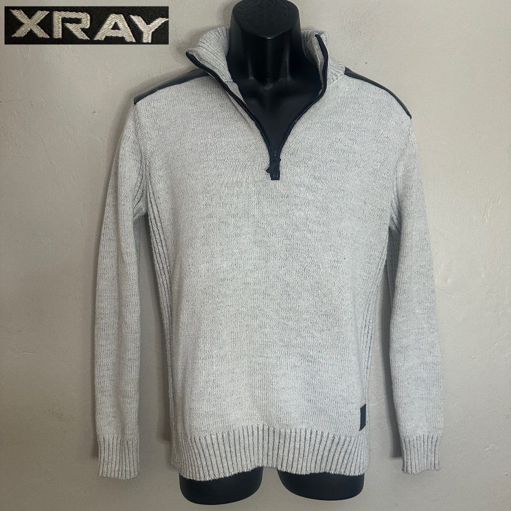Xray 1/4 Zip Sweater Vegan leather trim Small Gently orn 65% acrylic/35% poly
